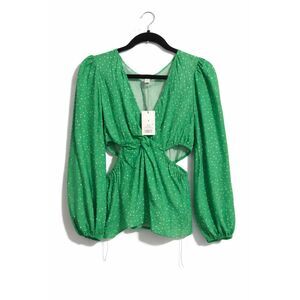 224 Green Long Sleeve Twist Front Blouse Cutout Waist Peplum Top, Elegant V-Neck